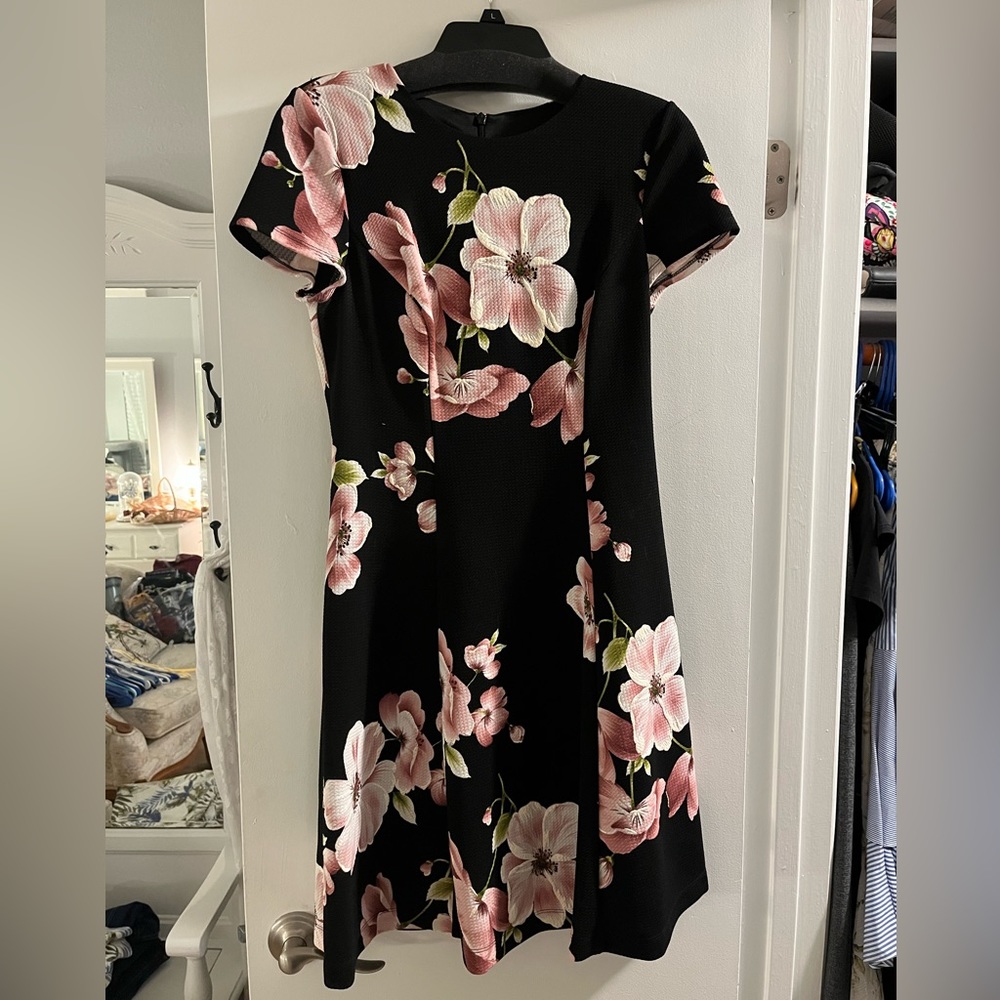Black and pink floral dress knee length a-line dress